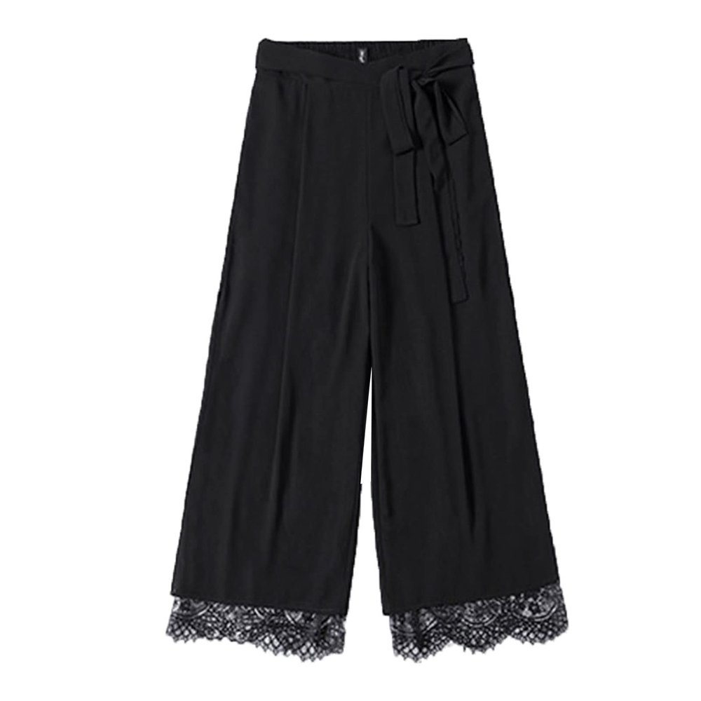 Women's Black Wide Leg Chiffon Pant Side Slit Lace Straight Leg Dress Pants Solid High Waist Slim Flare Trousers (Black,Medium)