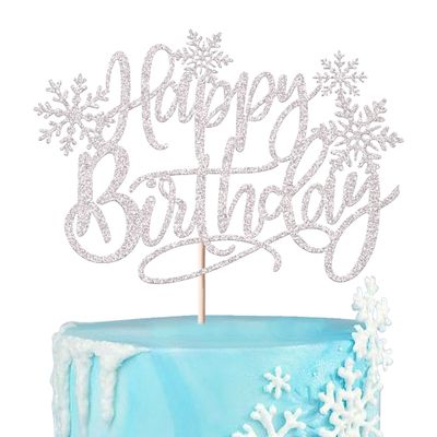 1 Pack Snowflake Happy Birthday Cake Topper Glitter Winter Wonderland Cake Pick Winter Frozen Theme Cake Decorations Birthday Theme Party Christmas Baby Shower Wedding Decoration Supplies Silver