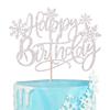 1 Pack Snowflake Happy Birthday Cake Topper Glitter Winter Wonderland Cake Pick Winter Frozen Theme Cake Decorations Birthday Theme Party Christmas Baby Shower Wedding Decoration Supplies Silver view 1