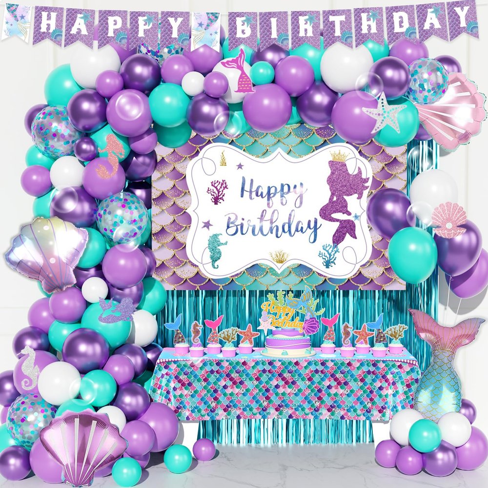Fiesec Mermaid Birthday Decorations, Mermaid Party Decorations, Purple Teal Blue Backdrop Balloon Cutout Banner Tablecloth Cake Cupcake Topper for Seashell Under the Sea Ocean Party Supplies