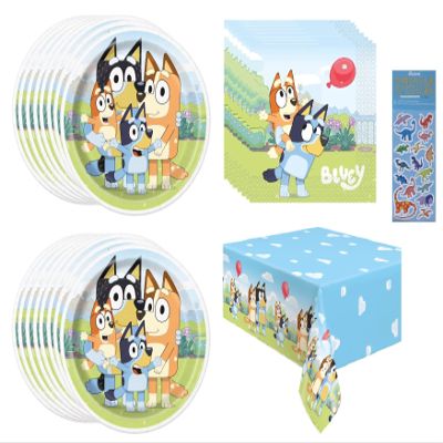 Bluey Birthday Party Supplies Bundle Pack includes 16 Lunch Paper Plates, 16 Lunch Napkins, 1 Table Cover, 1 Dinosaur Sticker Sheet - Bundle for 16
