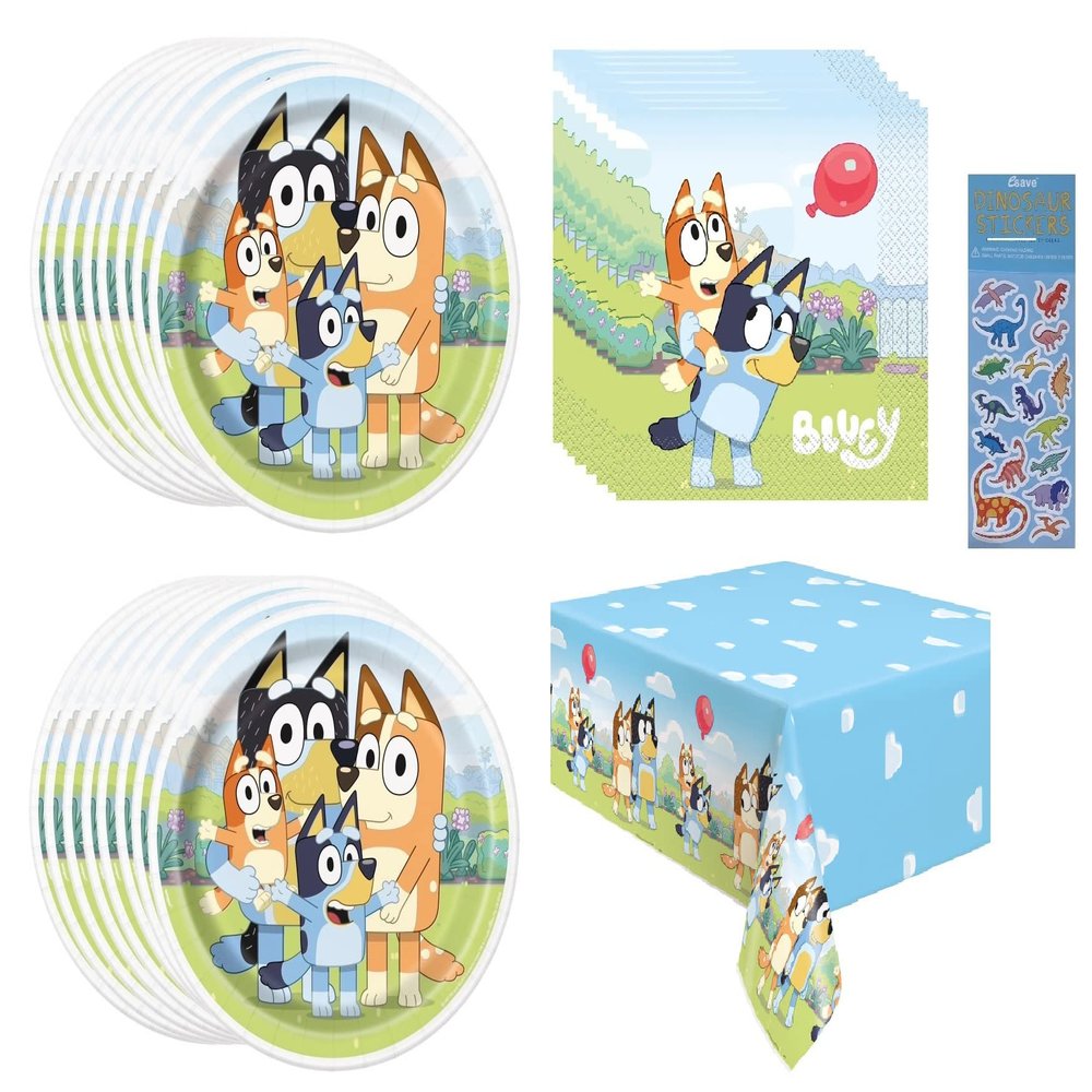 Bluey Birthday Party Supplies Bundle Pack includes 16 Lunch Paper Plates, 16 Lunch Napkins, 1 Table Cover, 1 Dinosaur Sticker Sheet - Bundle for 16