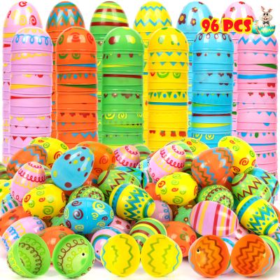 NEWBEA 96 Pcs Bright Plastic Easter Eggs-Assorted Prints and Colors, Easter Hunt,Easter Theme Party Favor, Easter Eggs for Basket Stuffers Fillers