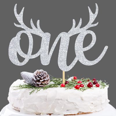 Baby One Birthday Cake Topper, Happy 1st Birthday Cake Decoration, 1st Bday Baby Shower Party Photo Props, Silver Glitter