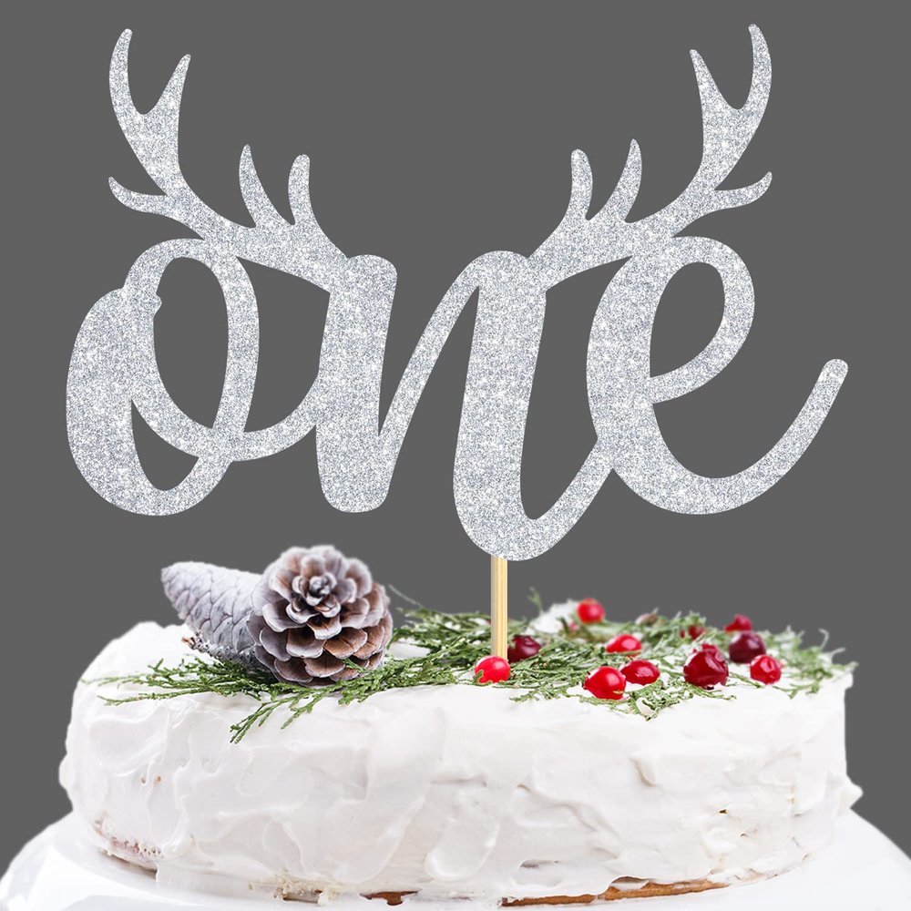 Baby One Birthday Cake Topper, Happy 1st Birthday Cake Decoration, 1st Bday Baby Shower Party Photo Props, Silver Glitter