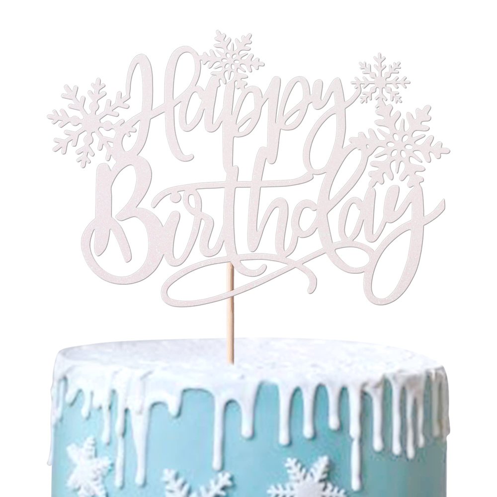 1 Pack Snowflake Happy Birthday Cake Topper Glitter Winter Wonderland Cake Pick Winter Frozen Theme Cake Decorations Birthday Theme Party Christmas Baby Shower Wedding Decoration Supplies White
