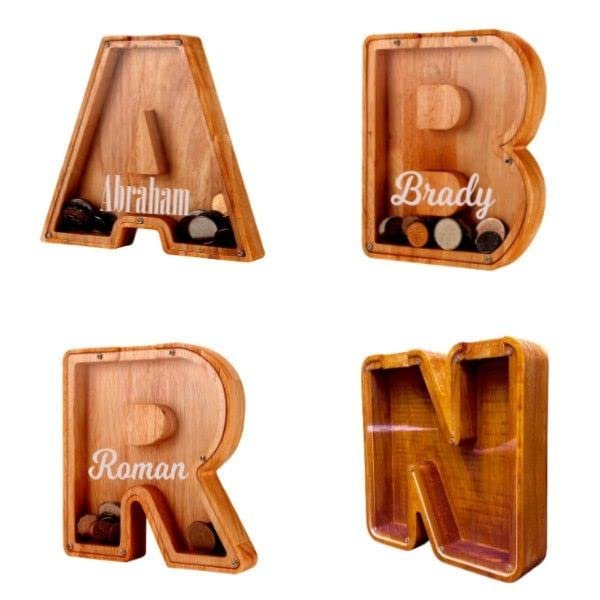 Personalized Wooden Piggy Bank, Custom Large Children's Letter Piggy Bank Laser Engraved Name Letters Piggy Bank for Children's Birthday