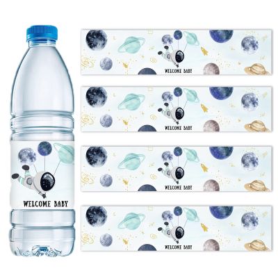 28Pcs Outer Space Baby Shower Water Bottle Labels, Solar System Welcome Baby Water Bottle Wrappers for Gender Reveal Decor - Personalized Astronaut Label Supplies