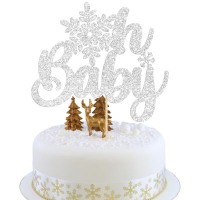 1Pc Snowflake Oh Baby Cake Topper Glitter Baby Shower Snowflake Cake Pick Decorations for Winter Snowflake Theme Baby Shower Kids Birthday Party Supplies Silver