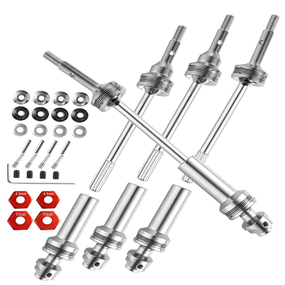 Rcarmumb Upgrades Part Drive Shaft CVD for 1/10 Slash 4X4/Stampede 4X4/Rustler 4X4/Hoss 4X4 RC 4WD,4PCS Front Rear Stainless Steel CVD #45 Axle with Red Hex,Silver