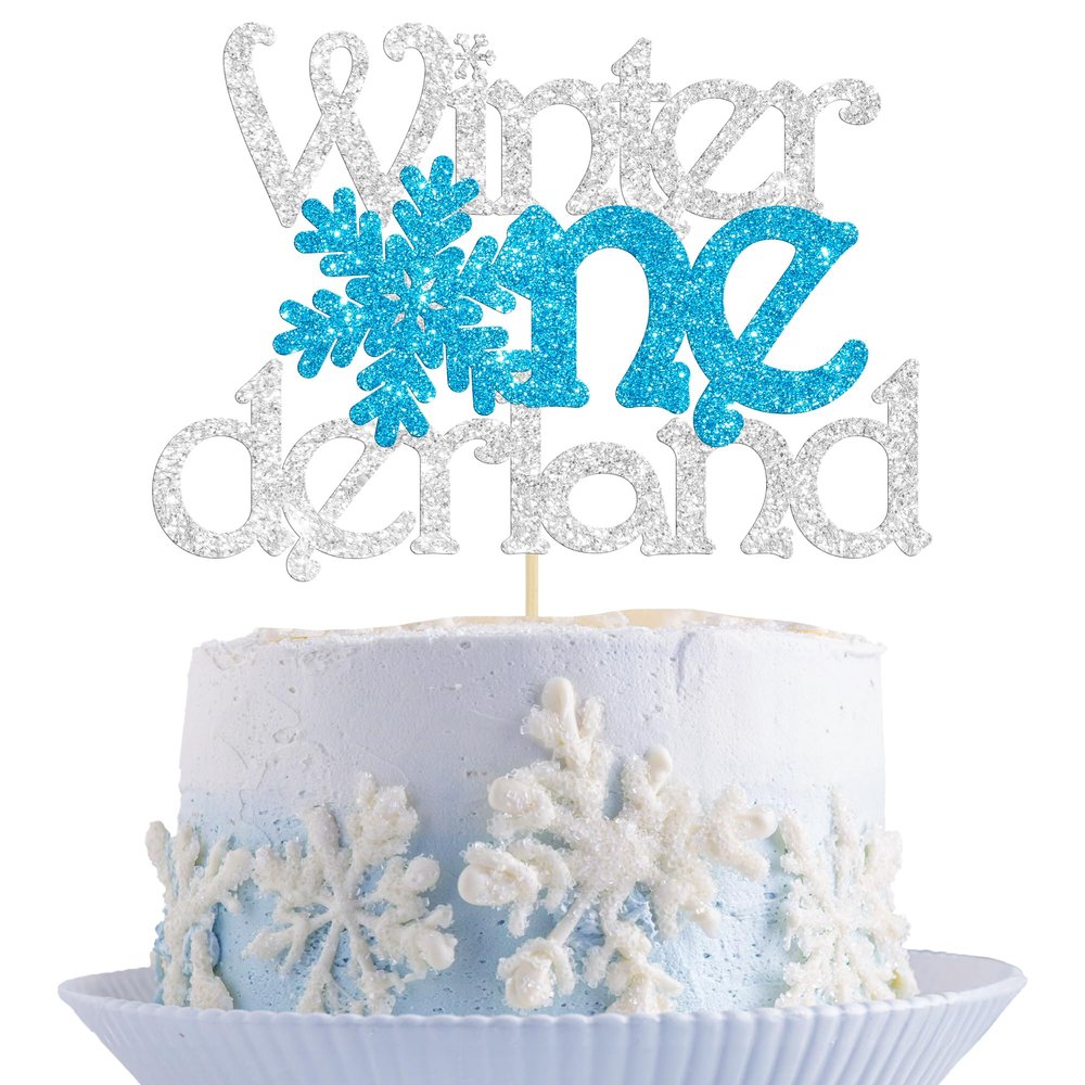 1Pc Winter Onederland Cake Topper Glitter Snowflake One 1st Birthday Party Cake Pick Decorations for Winter Snowflake Theme Baby Shower Kids First Birthday Party Supplies Silver Blue
