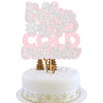 1Pcs Baby It's Cold Outside Cake Topper Glitter Winter Snowflake Baby Shower Cake Pick for Winter Snowflake Baby Shower Kids Birthday Party Cake Decorations Supplies Pink