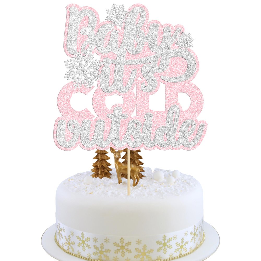 1Pcs Baby It's Cold Outside Cake Topper Glitter Winter Snowflake Baby Shower Cake Pick for Winter Snowflake Baby Shower Kids Birthday Party Cake Decorations Supplies Pink