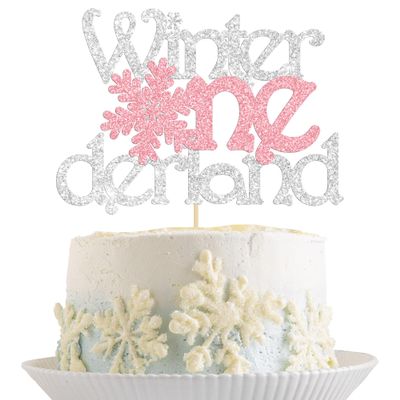 1Pc Winter Onederland Cake Topper Pink Glitter Snowflake One 1st Birthday Party Cake Pick Decorations for Winter Snowflake Theme Baby Shower Kids First Birthday Party Supplies