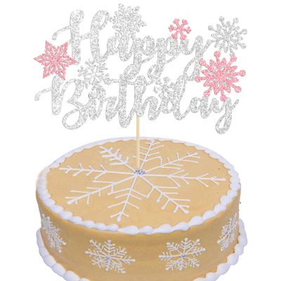 1Pcs Snowflake Happy Birthday Cake Topper Winter Wonderland Pink Frozen Birthday Cake Topper Decoration Snowflake Winter Wonderland Birthday Party Supplies