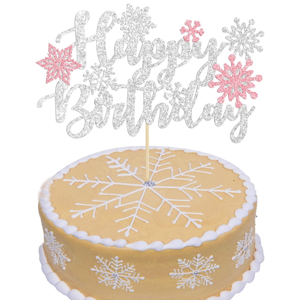 1Pcs Snowflake Happy Birthday Cake Topper Winter Wonderland Pink Frozen Birthday Cake Topper Decoration Snowflake Winter Wonderland Birthday Party Supplies