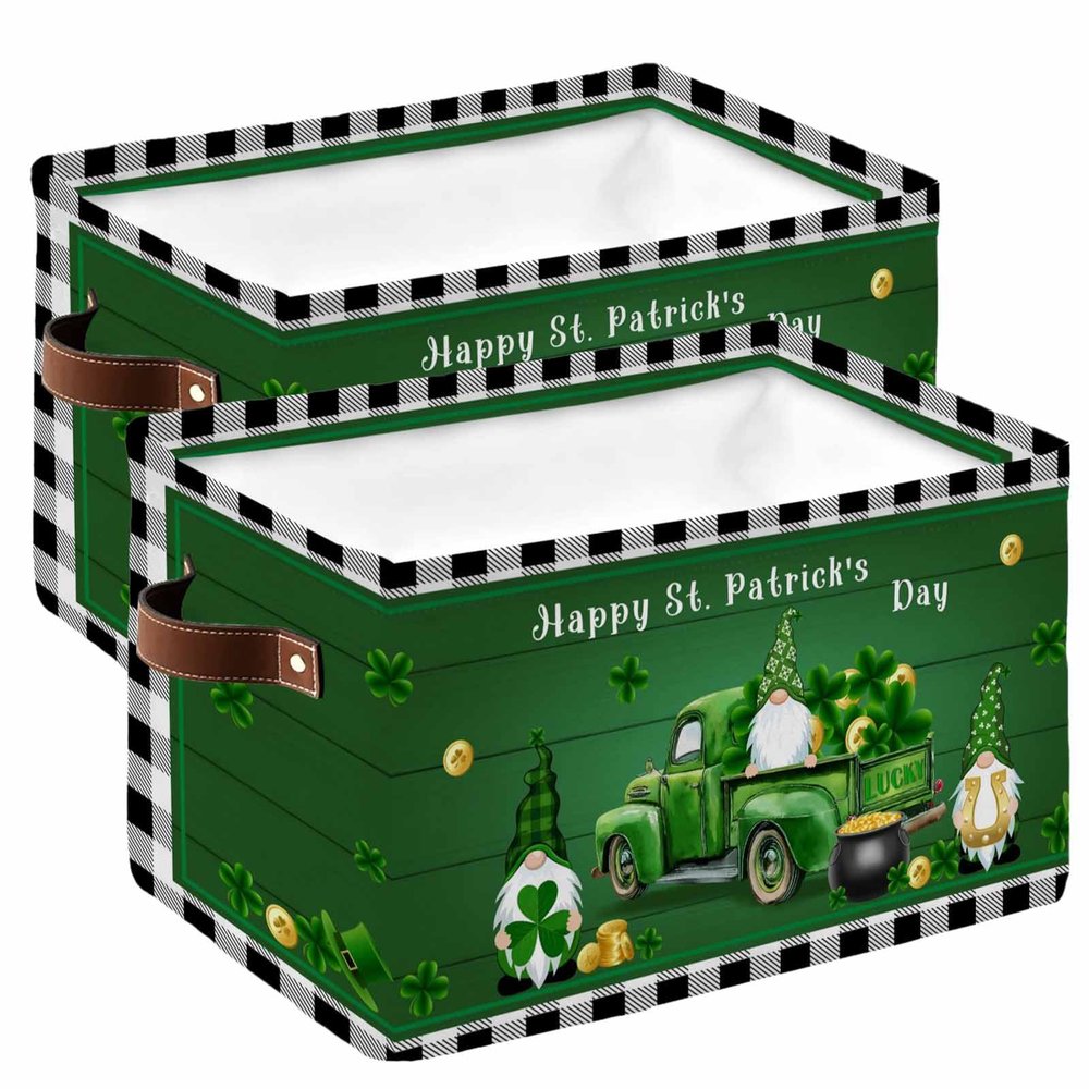 Large Storage Baskets Bins 2 Pack St. Patrick's Day Truck on Green Wood Collapsible Storage Box Laundry Organizer for Closet Shelf Nursery Kids Bedroom Black and White Buffalo Check