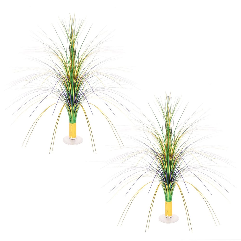 Beistle Green, Gold, and Purple Metallic Spray Centerpieces 2-Pack Table Decorations with Clear Plastic Base for Mardi Gras Festivals, Carnival, Fat Tuesday and Festive Party Themes, 19
