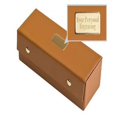 Alex Cramer Traveling Spinners Domino Set. Caramel Leather Case - Tournament Traveler Personalized - with Spinners - 28 Indestructible Double-Six Dominoes with Personalized Brass Plate