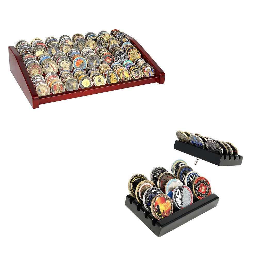 DecoWoodo 4 Rows Challenge Coin Holder Display & 12 Rows Challenge Coin Display Stand