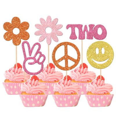24 PCS Two Groovy Hippie Party Cupcake Toppers Glitter 60s Retro Boho Dasiy Flower Sun Peace Sign Hand Cupcake Picks for Hippie Retro Theme Birthday Party Cake Decorations Supplies