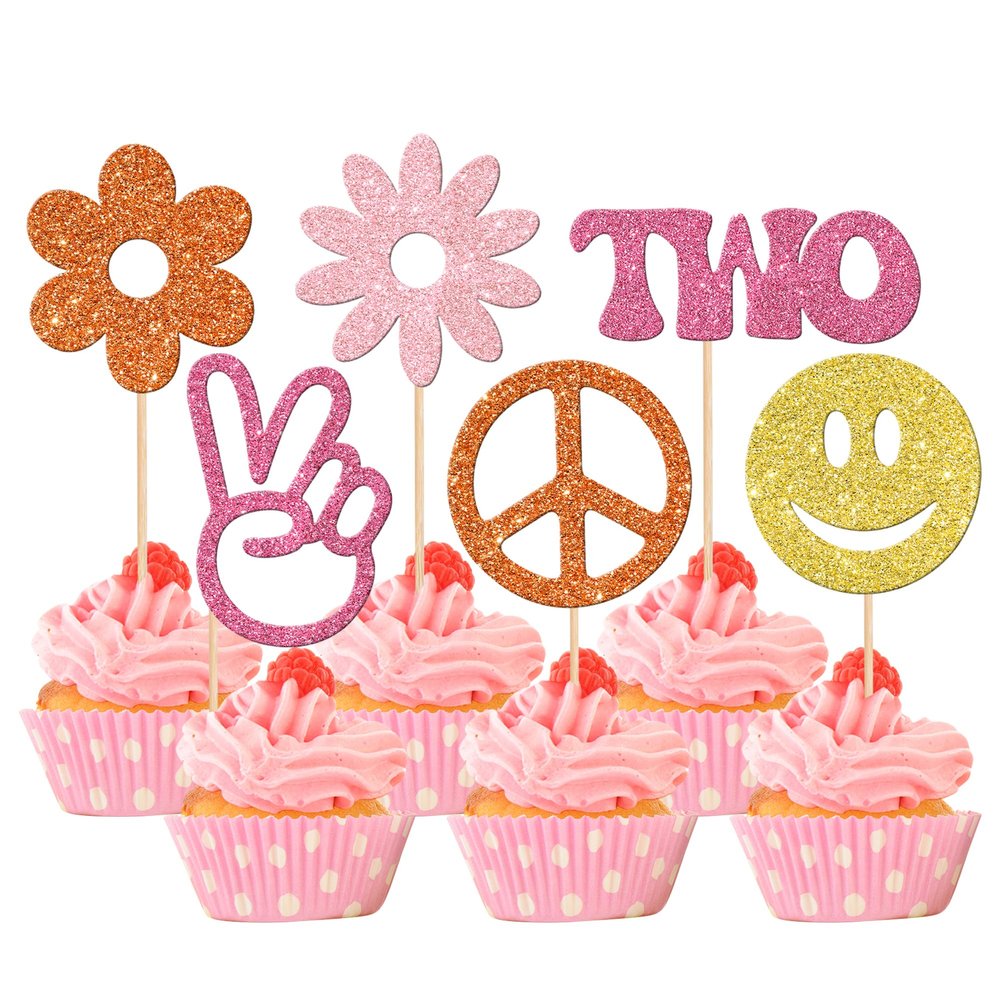 24 PCS Two Groovy Hippie Party Cupcake Toppers Glitter 60s Retro Boho Dasiy Flower Sun Peace Sign Hand Cupcake Picks for Hippie Retro Theme Birthday Party Cake Decorations Supplies