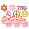 24 PCS Two Groovy Hippie Party Cupcake Toppers Glitter 60s Retro Boho Dasiy Flower Sun Peace Sign Hand Cupcake Picks for Hippie Retro Theme Birthday Party Cake Decorations Supplies view 1