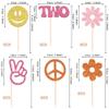 24 PCS Two Groovy Hippie Party Cupcake Toppers Glitter 60s Retro Boho Dasiy Flower Sun Peace Sign Hand Cupcake Picks for Hippie Retro Theme Birthday Party Cake Decorations Supplies view 2