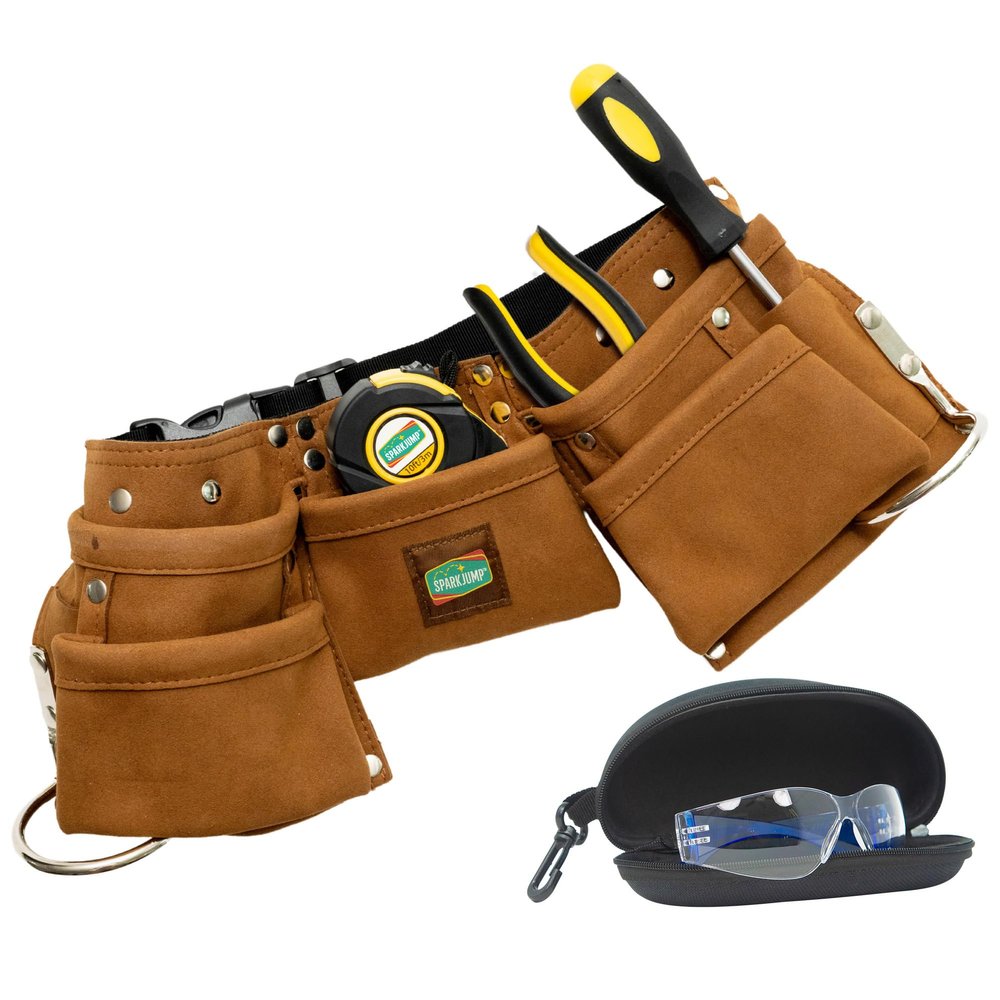 SparkJump Kids Brown Tool Belt, Adjustable Leather Tool Belt for Toddlers and Kids, Dress-Up Construction Costume for DIY Woodworking and STEM Learning