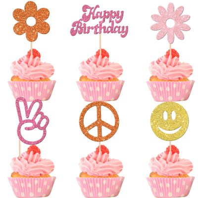 24 PCS Hippie Party Happy Birthday Cupcake Toppers Glitter 60s Retro Boho Dasiy Flower Sun Peace Sign Hand Two Groovy Cupcake Picks for Hippie Retro Theme Birthday Party Cake Decorations Supplies