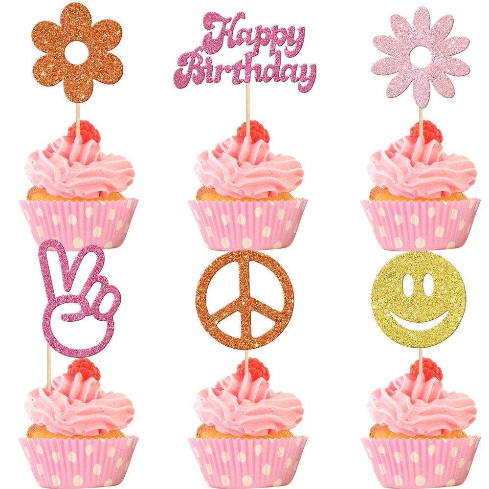 24 PCS Hippie Party Happy Birthday Cupcake Toppers Glitter 60s Retro Boho Dasiy Flower Sun Peace Sign Hand Two Groovy Cupcake Picks for Hippie Retro Theme Birthday Party Cake Decorations Supplies
