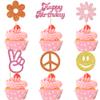 24 PCS Hippie Party Happy Birthday Cupcake Toppers Glitter 60s Retro Boho Dasiy Flower Sun Peace Sign Hand Two Groovy Cupcake Picks for Hippie Retro Theme Birthday Party Cake Decorations Supplies view 1