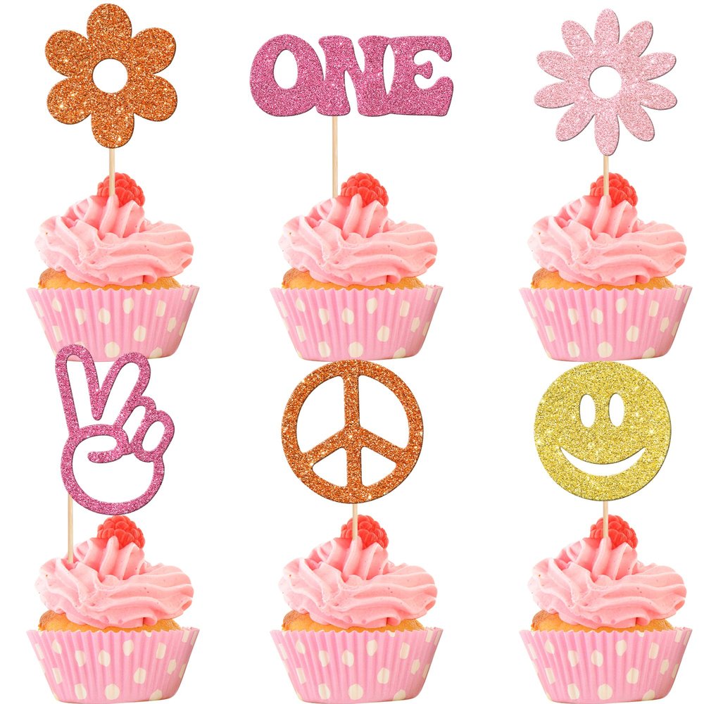 24 PCS Hippie Party Cupcake Toppers Glitter Boho Dasiy Flower Sun Peace Sign Hand First Birthday One Cupcake Picks for Hippie 60s Retro Theme Baby Shower 1st Birthday Party Cake Decorations