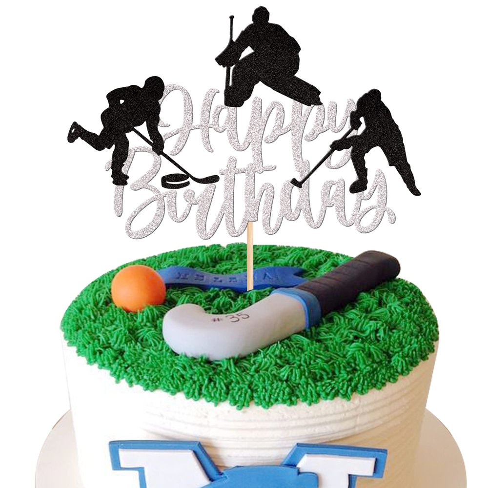 1 PCS Hockey Cake Topper Glitter Happy Birthday Sign Cake Decorations Ice Hockey Player Sports Theme Cake Pick for Hockey Theme Baby Shower Boys Girls Birthday Party Supplies Silver