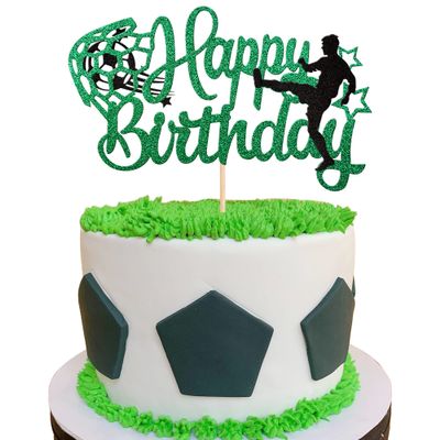 1 PCS Soccer Cake Topper Black Green Glitter Happy Birthday Sign Cake Decorations Football Player Cake Pick for Sports Soccer Theme Baby Shower Boys Girls Birthday Party Decorations Supplies