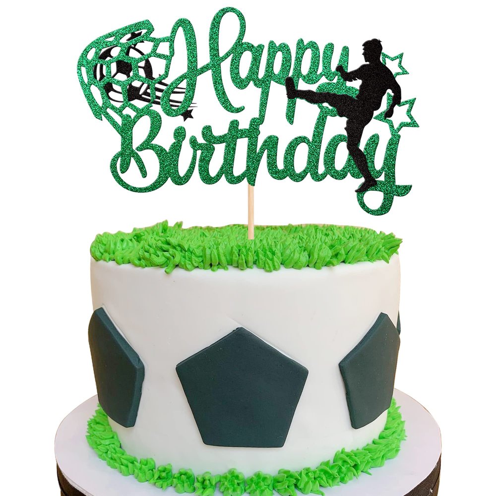 1 PCS Soccer Cake Topper Black Green Glitter Happy Birthday Sign Cake Decorations Football Player Cake Pick for Sports Soccer Theme Baby Shower Boys Girls Birthday Party Decorations Supplies