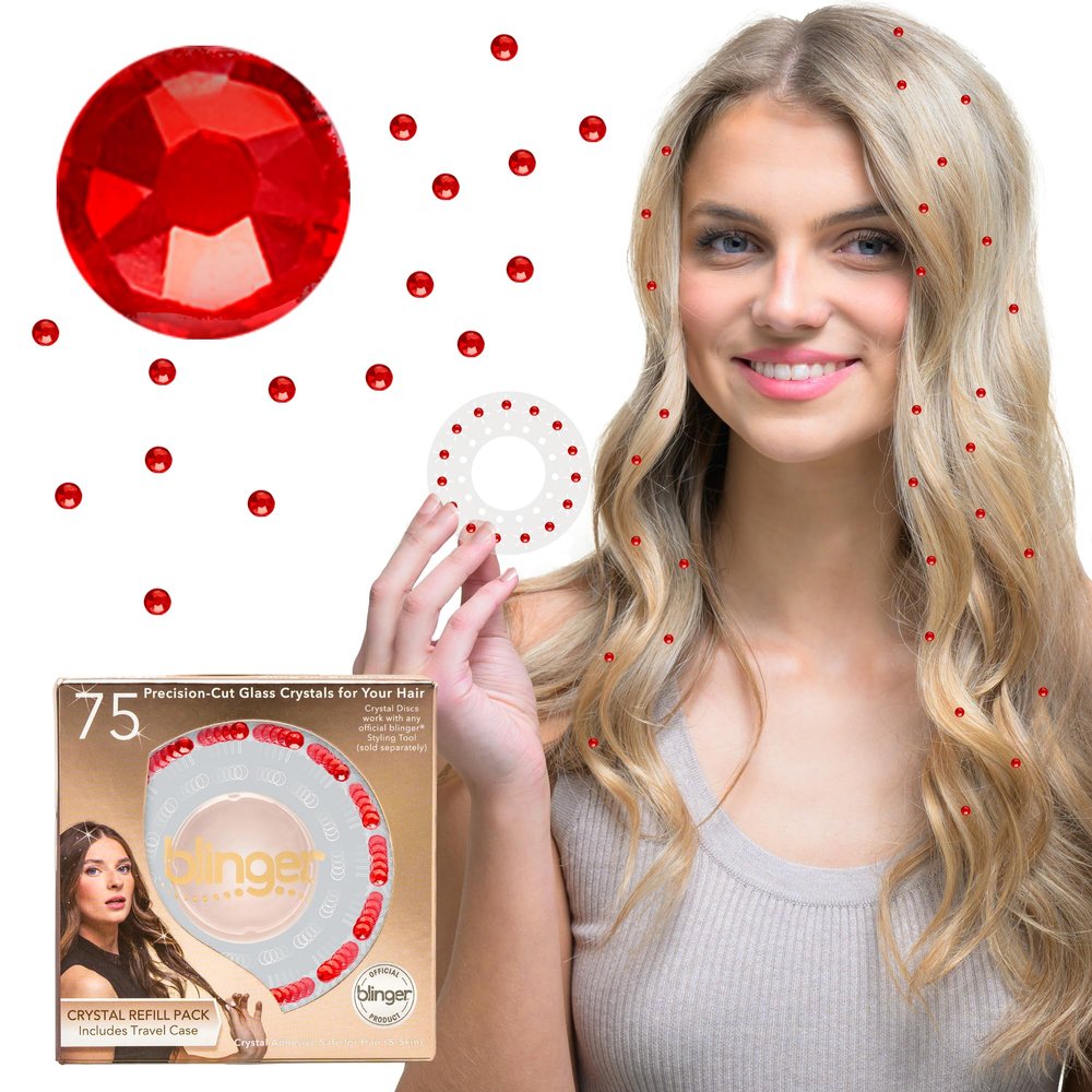 blinger Shimmer Crystal Refill Pack  as seen on Shark Tank | 5 Discs  75 Precision-Cut Glass Crystals | Hair-Safe Accessories | Styling Tool Not Included| Light Scarlet 4 mm