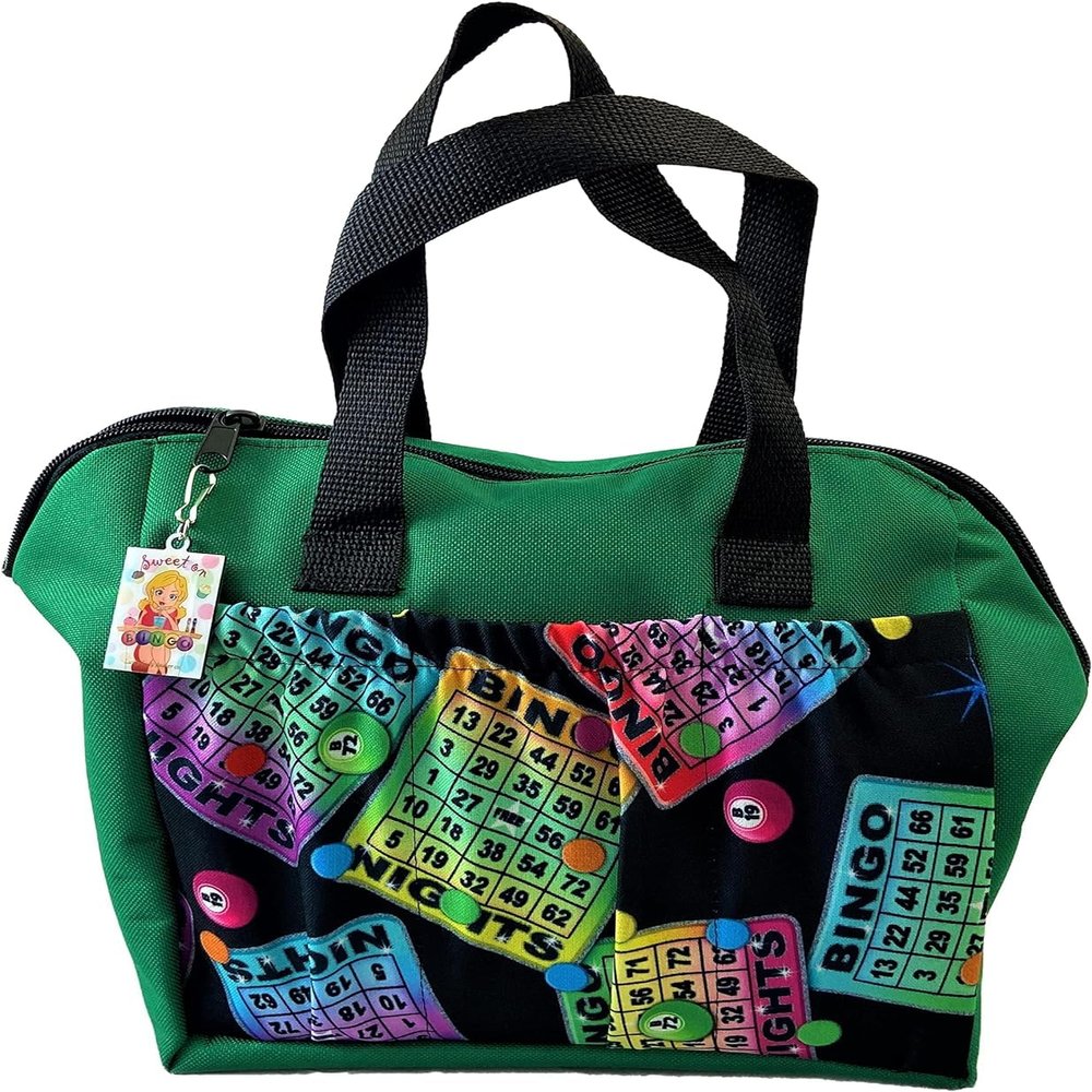 LUCKY LADY DAUBER CO. Neon Bingo Bags with Pockets, 6 Pocket Bingo Daubers Bag with Inside Liner and Sweet on Bingo Lucky Charm - Card and Dauber Bingo Bags for Women, Neon Green Bingo Dauber Bag