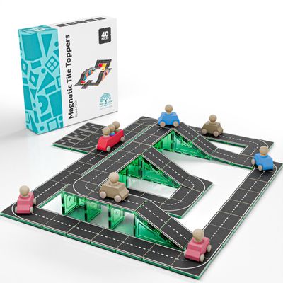 Learn & Grow Magnetic Tiles Road Expansion Pack - 40PCs Road Toppers Set for Cars, STEM Learning & Building Toy - Magnetic Tile Accessories for Kids 3+, Toddler - Add Car Roads to Any Magnet Tiles Set
