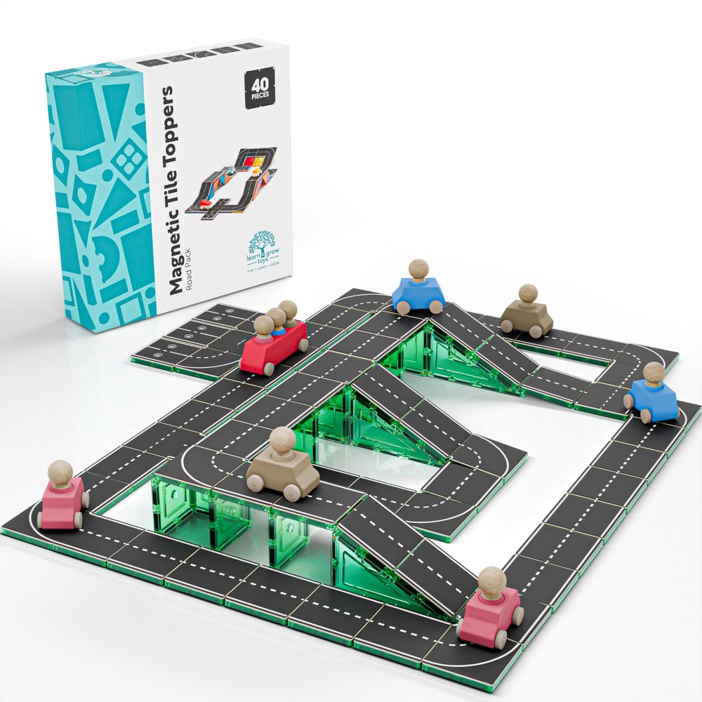 Learn & Grow Magnetic Tiles Road Expansion Pack - 40PCs Road Toppers Set for Cars, STEM Learning & Building Toy - Magnetic Tile Accessories for Kids 3+, Toddler - Add Car Roads to Any Magnet Tiles Set