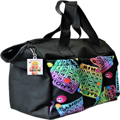 LUCKY LADY DAUBER CO. Neon Bingo Bags with Pockets, 6 Pocket Bingo Daubers Bag with Inside Liner and Sweet on Bingo Lucky Charm - Card and Dauber Bingo Bags for Women, Black Bingo Dauber Bag