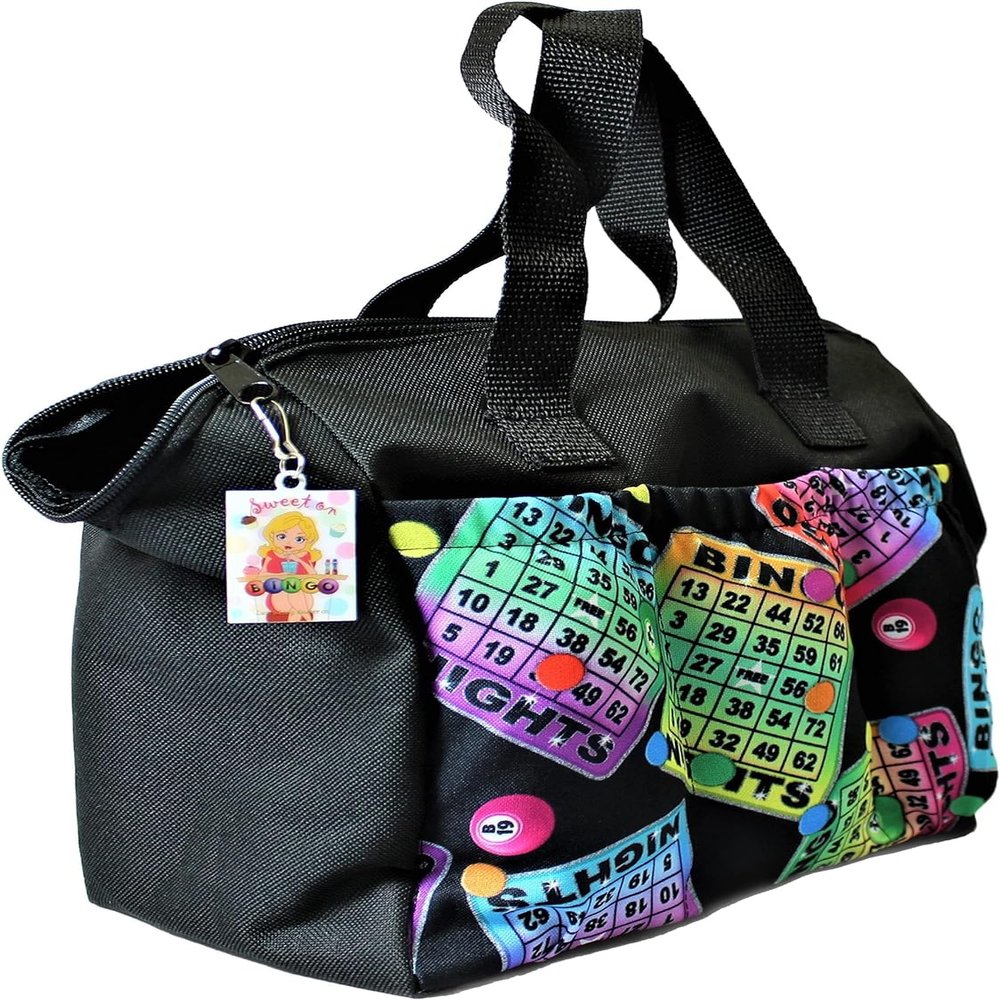 LUCKY LADY DAUBER CO. Neon Bingo Bags with Pockets, 6 Pocket Bingo Daubers Bag with Inside Liner and Sweet on Bingo Lucky Charm - Card and Dauber Bingo Bags for Women, Black Bingo Dauber Bag