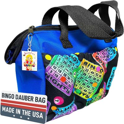 LUCKY LADY DAUBER CO. Neon Bingo Bags with Pockets, 6 Pocket Bingo Daubers Bag with Inside Liner and Sweet on Bingo Lucky Charm - Card and Dauber Bingo Bags for Women, Neon Blue Bingo Dauber Bag
