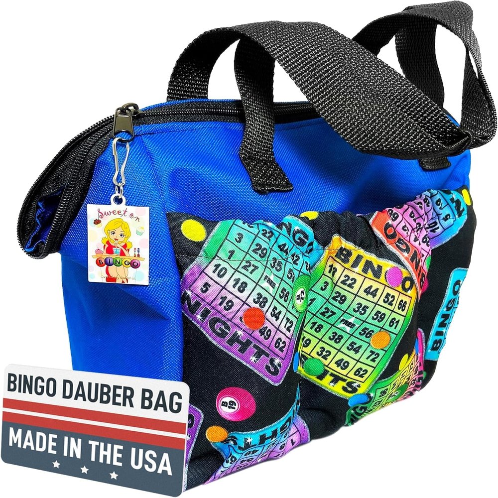LUCKY LADY DAUBER CO. Neon Bingo Bags with Pockets, 6 Pocket Bingo Daubers Bag with Inside Liner and Sweet on Bingo Lucky Charm - Card and Dauber Bingo Bags for Women, Neon Blue Bingo Dauber Bag