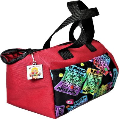 LUCKY LADY DAUBER CO. Neon Bingo Bags with Pockets, 6 Pocket Bingo Daubers Bag with Inside Liner and Sweet on Bingo Lucky Charm - Card and Dauber Bingo Bags for Women, Neon Red Bingo Dauber Bag