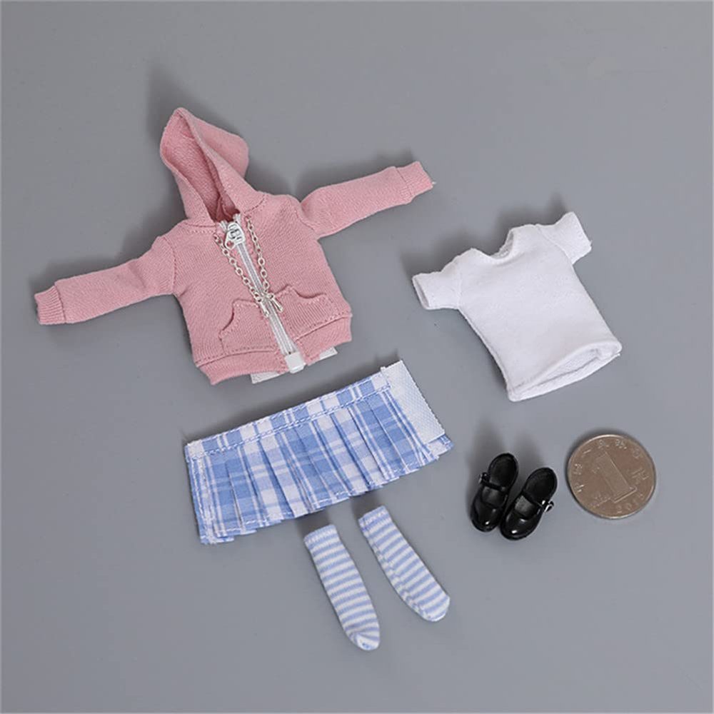 1/12 Scale Female Zipper Hoodies T-Shirt Pleated Skirt Suit Sweater Costume Clothes for 6inch PH TBL Action Figure Body (E)
