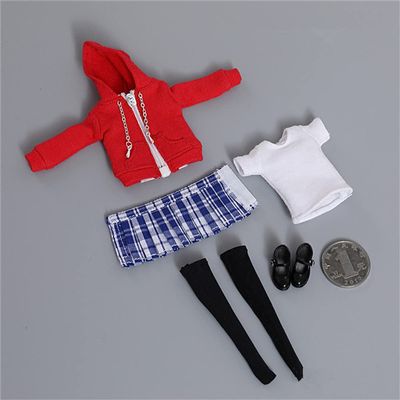 1/12 Scale Female Zipper Hoodies T-Shirt Pleated Skirt Suit Sweater Costume Clothes for 6inch PH TBL Action Figure Body (D)