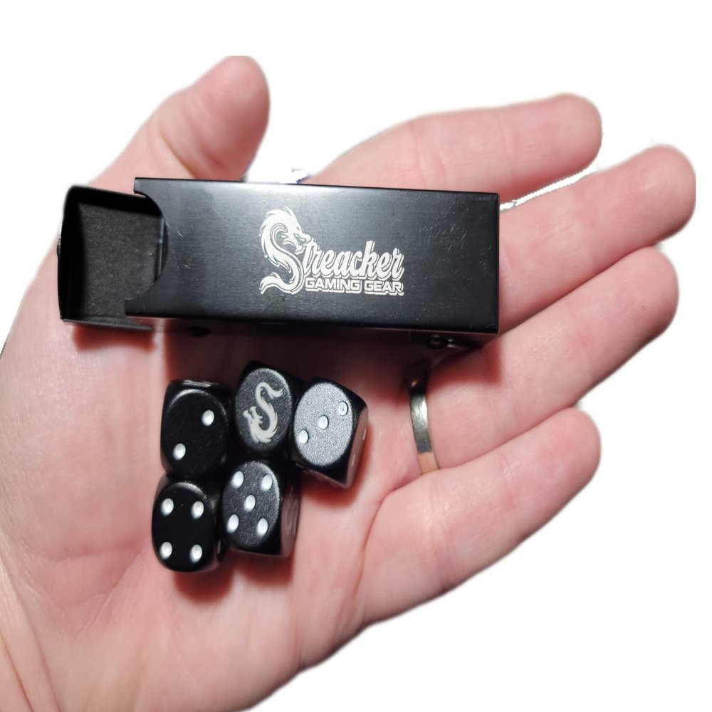 Black Aluminum Alloy 5 Piece Six Sided 16mm Dice Set w/ Metal Storage Case