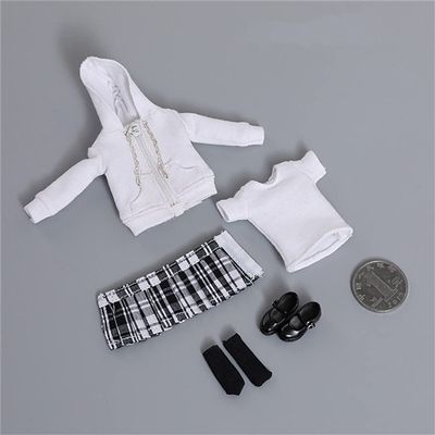 Fremego 1/12 Scale Female Clothes,Female Zipper Hoodies T-Shirt Pleated Skirt Suit Sweater Costume Clothes for 6inch PH TBL Action Figure Body (White&Black)