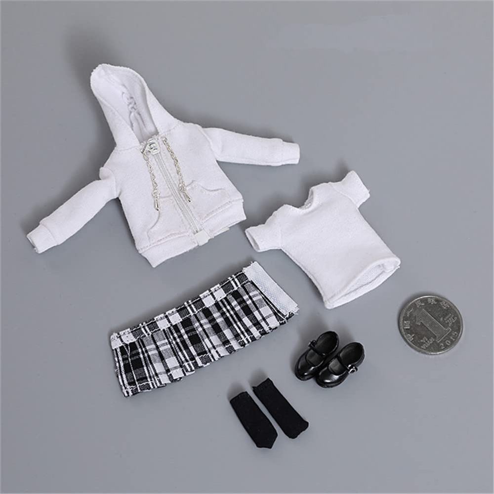 Fremego 1/12 Scale Female Clothes,Female Zipper Hoodies T-Shirt Pleated Skirt Suit Sweater Costume Clothes for 6inch PH TBL Action Figure Body (White&Black)